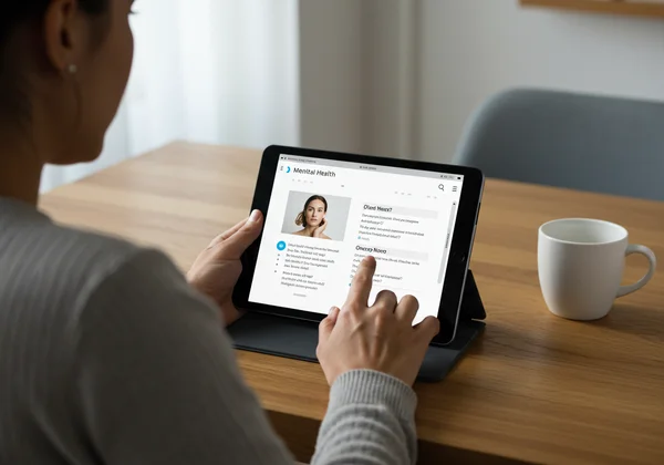 Person using a tablet to take an online self-assessment for mental health