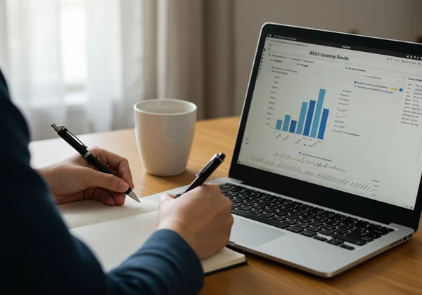 Person writing notes and reviewing BSDS results on a laptop.