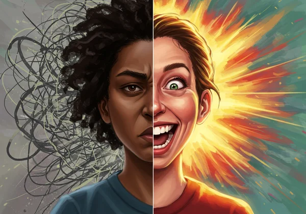 A split image showing a person stressed on one side, happy on the other