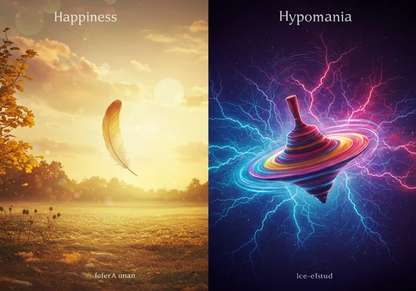 Scales balancing happiness and hypomania, showing contrast