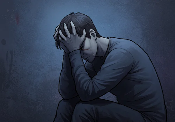 Person feeling sad and fatigued, representing depressive lows.