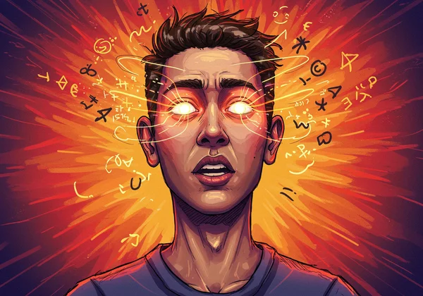 Person with high energy and racing thoughts, illustrating mania.