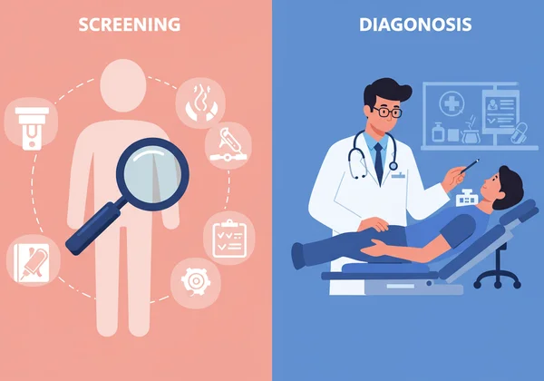 Graphic comparing screening (magnifying glass) to diagnosis (doctor)