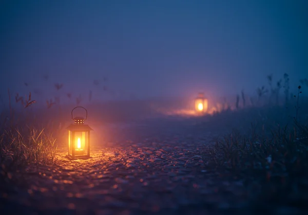 A warm, glowing lantern sitting on a path, symbolizing guidance and hope.